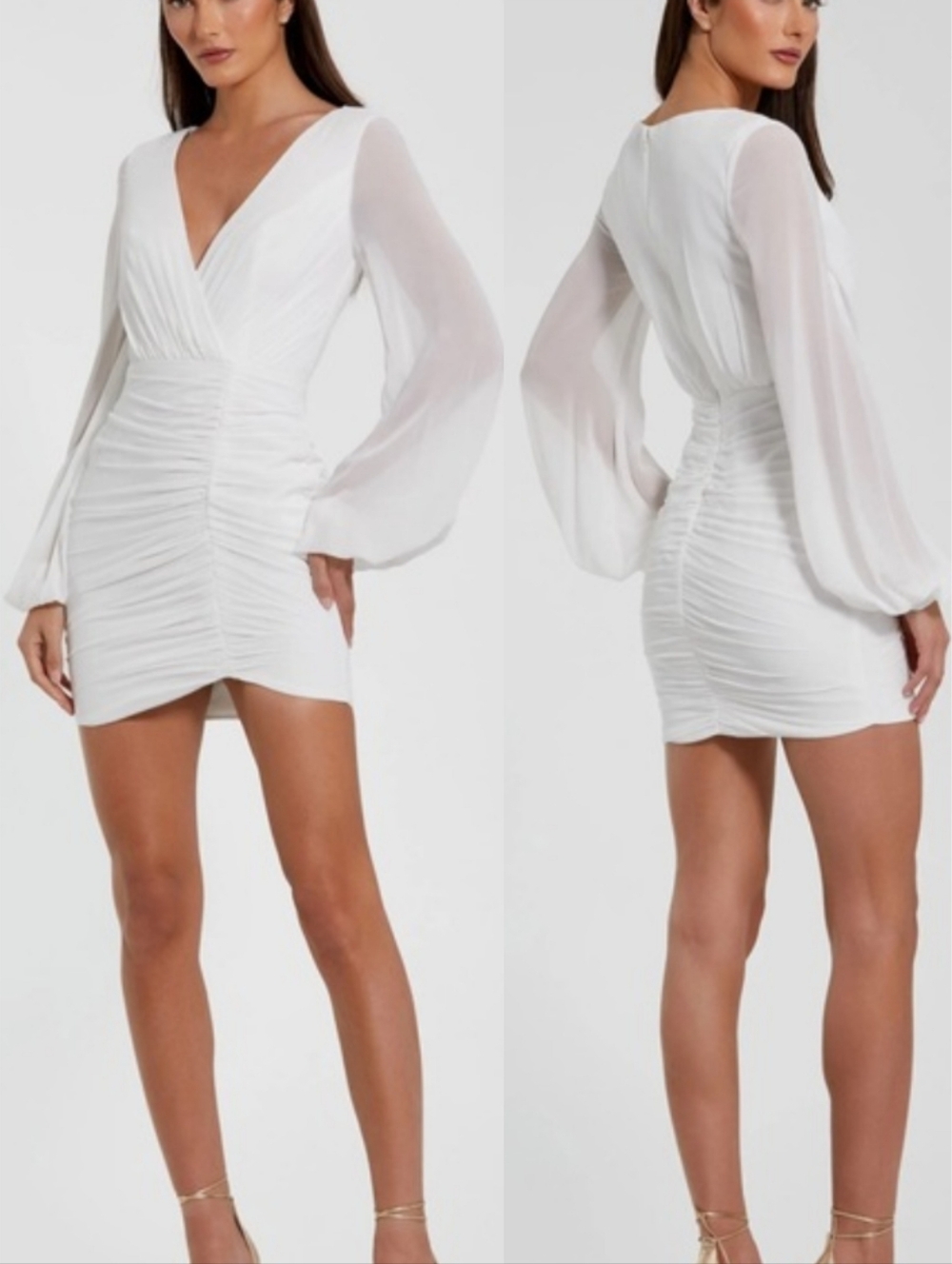 Ieena Mac Duggal 26655 White Ruched Long Sleeve Chiffon Bridal Mini Dress 0 NWT
